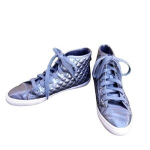 Geox Quilted Patent Leather Lace Up High Top Fashion Sneaker Teal Green Sz 9